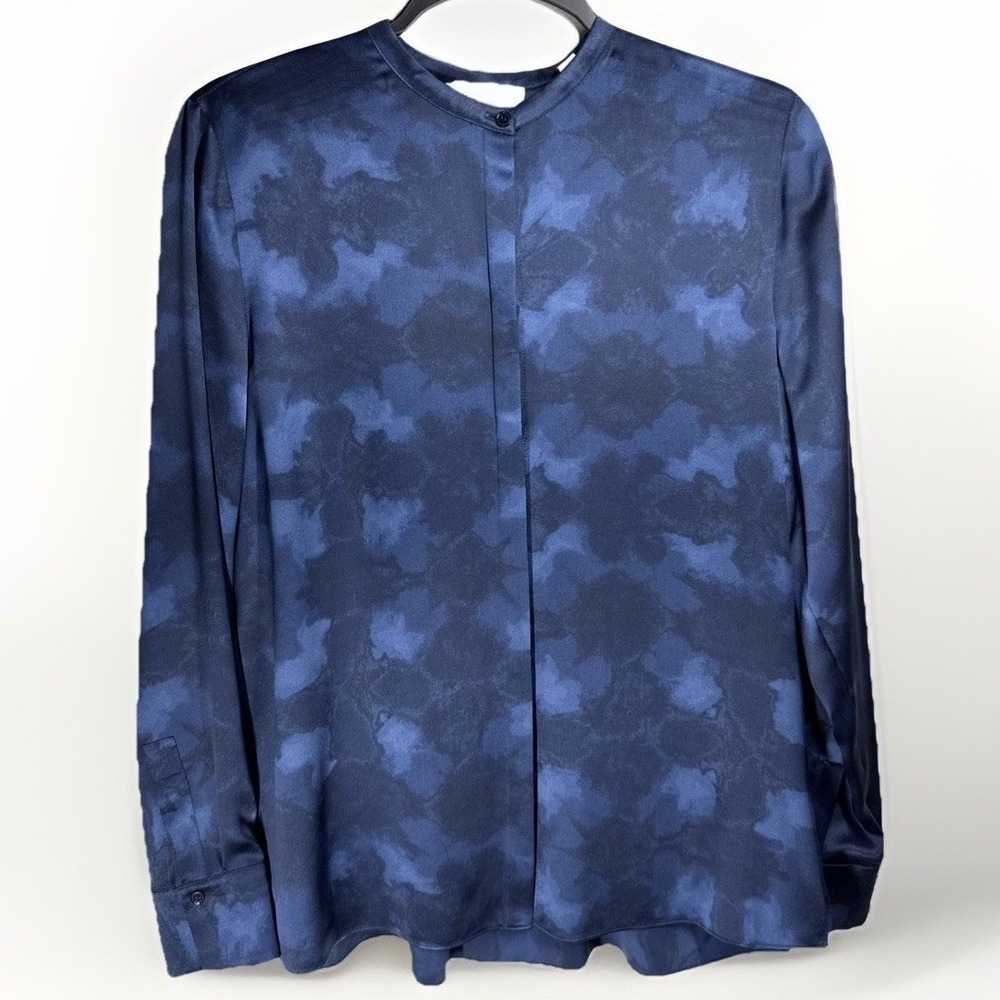 Vince Blue Printed Silk Shirt Band Collar Long Sleeve Minimalist‎ Quiet Luxury